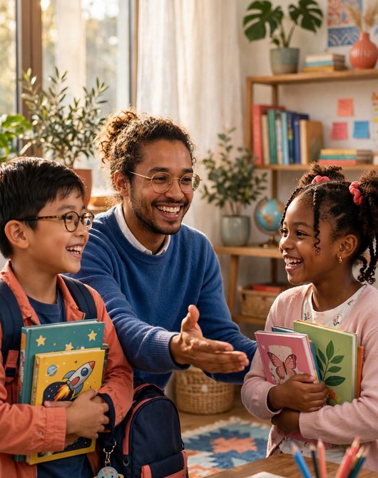 A welcoming tutor greeting happy students